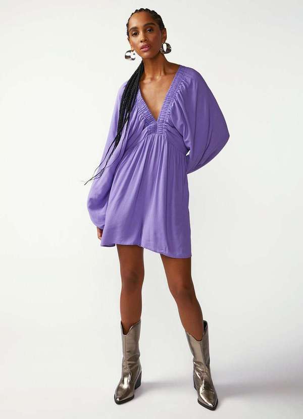 Zinco - Macacão Zinco Solto Decote V Manga Longa Curto Roxo Roxo