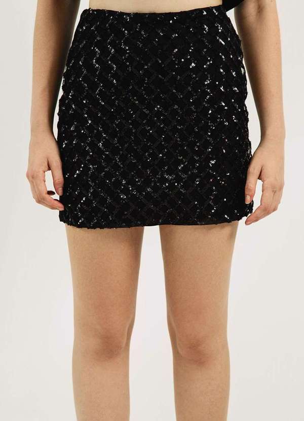 Zinco - Saia Zinco Curta Justa Detalhe Paetê Preto Preto