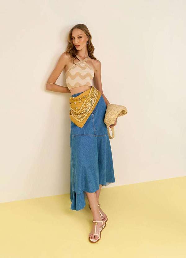 Zinco - Saia Zinco Evasê Alta Longa Azul Azul