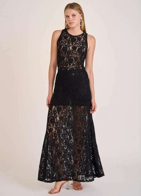 Zinco - Saia Zinco Evasê Alta Longa Preto Preto