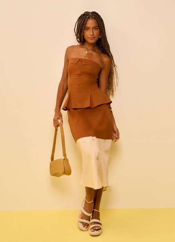 Zinco - Saia Zinco Evasê Alta Midi Marrom Marrom