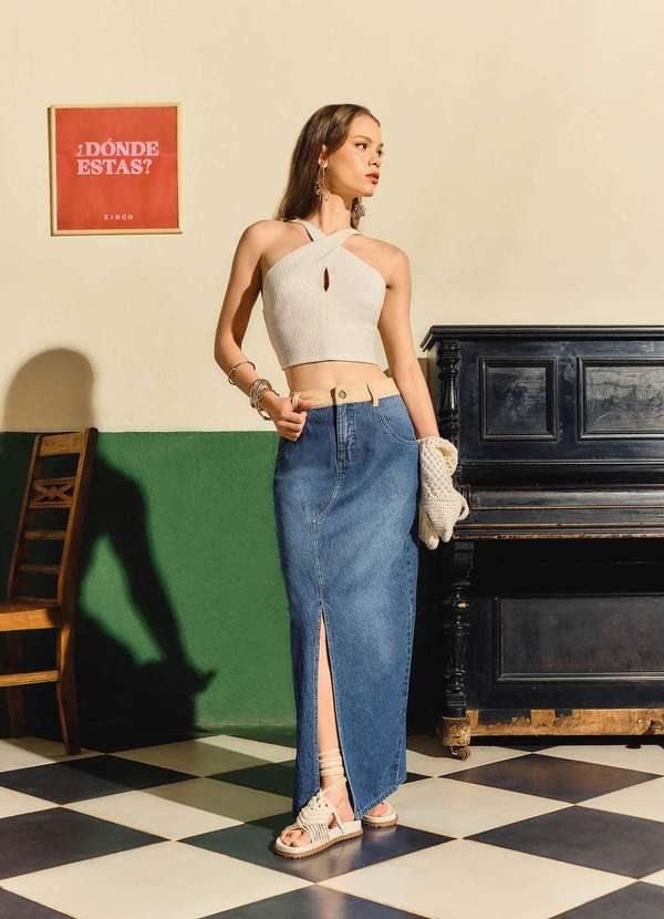 Zinco - Saia Zinco Longa Justa Composê Tecido Jeans Azul