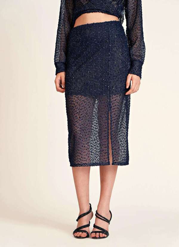 Zinco - Saia Zinco Midi Reta Detalhe Renda Azul Marinho Azul 2