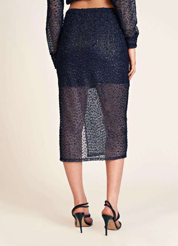 Zinco - Saia Zinco Midi Reta Detalhe Renda Azul Marinho Azul 4