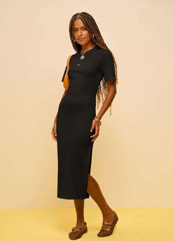 Zinco - Vestido Zinco Ajustado Decote Careca Manga Curta Midi Preto Preto
