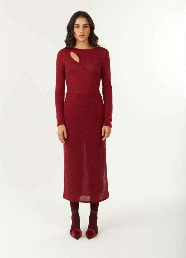 Zinco - Vestido Zinco Ajustado Decote Careca Manga Longa Midi Bordo Vermelho 2