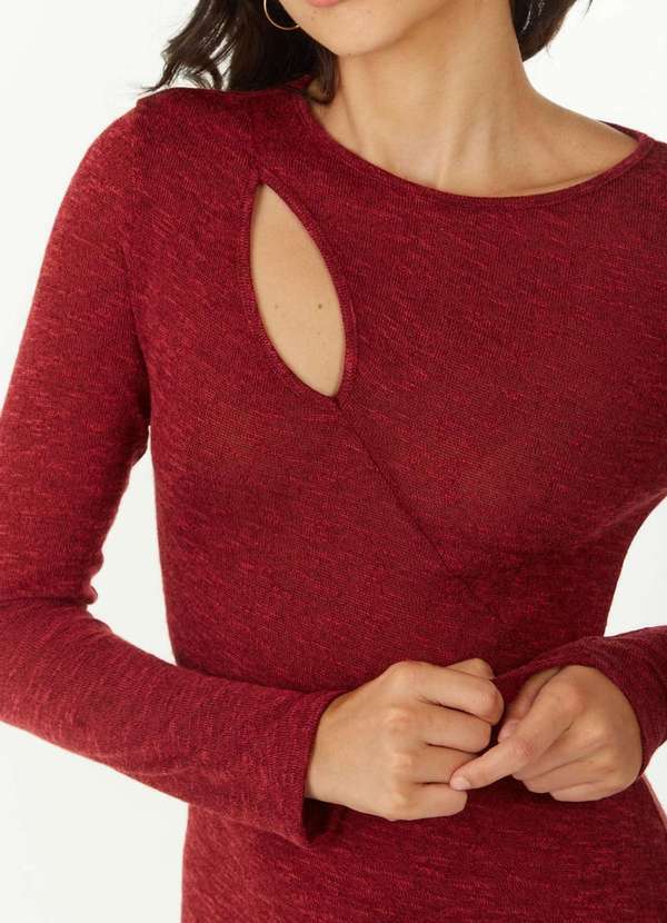 Zinco - Vestido Zinco Ajustado Decote Careca Manga Longa Midi Bordo Vermelho 3