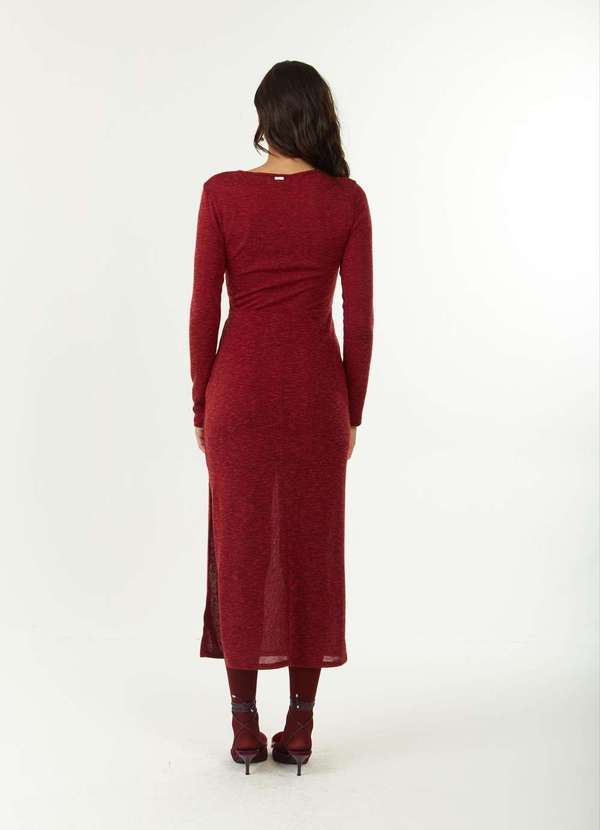 Zinco - Vestido Zinco Ajustado Decote Careca Manga Longa Midi Bordo Vermelho 4