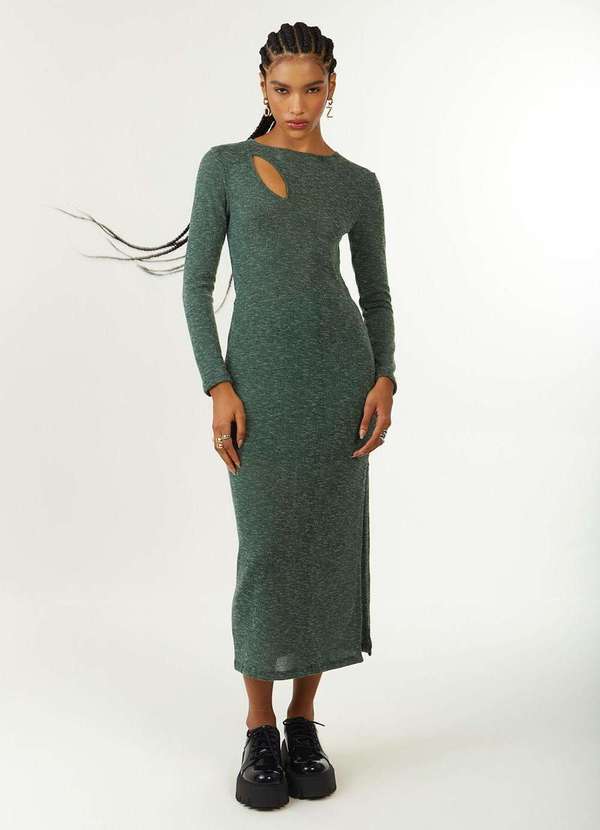 Zinco - Vestido Zinco Ajustado Decote Careca Manga Longa Midi Verde Verde