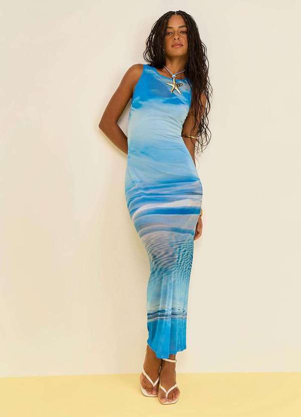 Zinco - Vestido Zinco Ajustado Decote Careca sem Manga Midi Azul Azul