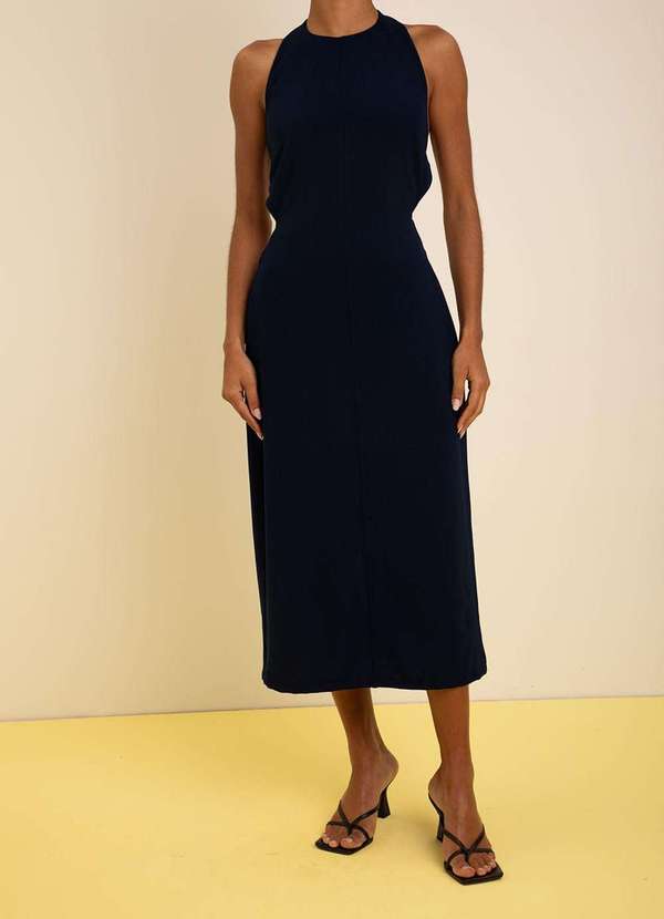 Zinco - Vestido Zinco Ajustado Decote Careca sem Manga Midi Azul Azul