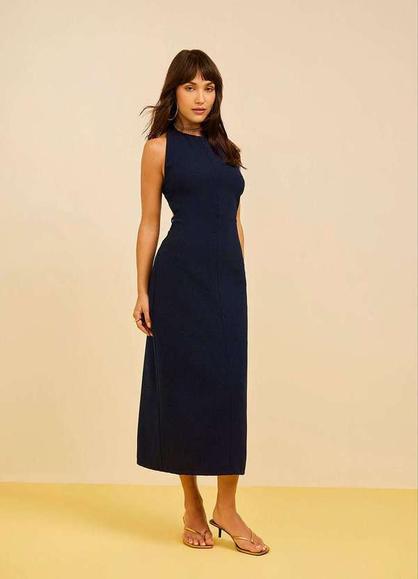 Zinco - Vestido Zinco Ajustado Decote Careca sem Manga Midi Azul Azul 4