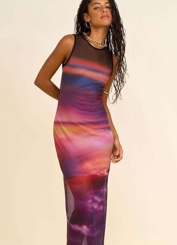 Zinco - Vestido Zinco Ajustado Decote Careca sem Manga Midi Laranja Laranja 2