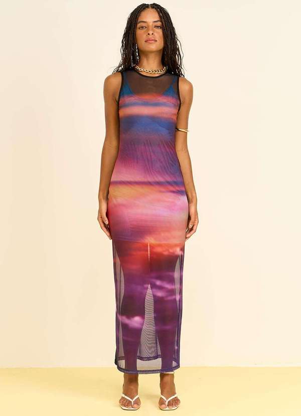 Zinco - Vestido Zinco Ajustado Decote Careca sem Manga Midi Laranja Laranja 3