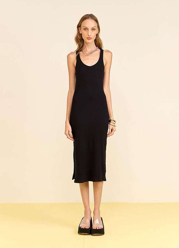 Zinco - Vestido Zinco Ajustado Decote Careca sem Manga Midi Preto Preto 4