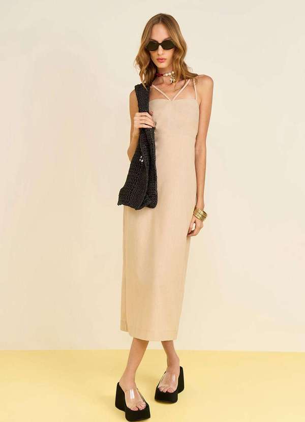 Zinco - Vestido Zinco Ajustado Decote Reto com Alça Midi Bege Bege