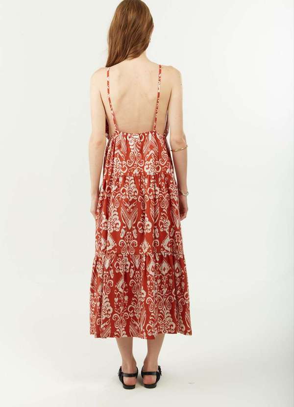 Zinco - Vestido Zinco Ajustado Decote V com Alça Longo Vermelho Vermelho