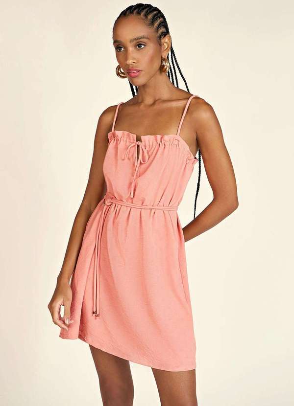 Zinco - Vestido Zinco Curto Decote Reto com Cinto Laranja Laranja