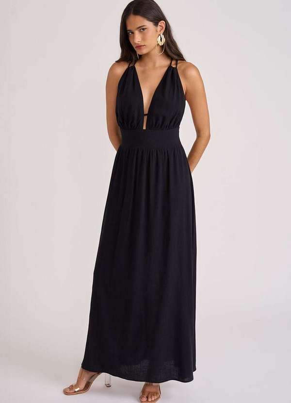 Zinco - Vestido Zinco Longo Decote Profundo Detalhe Costas Preto Preto