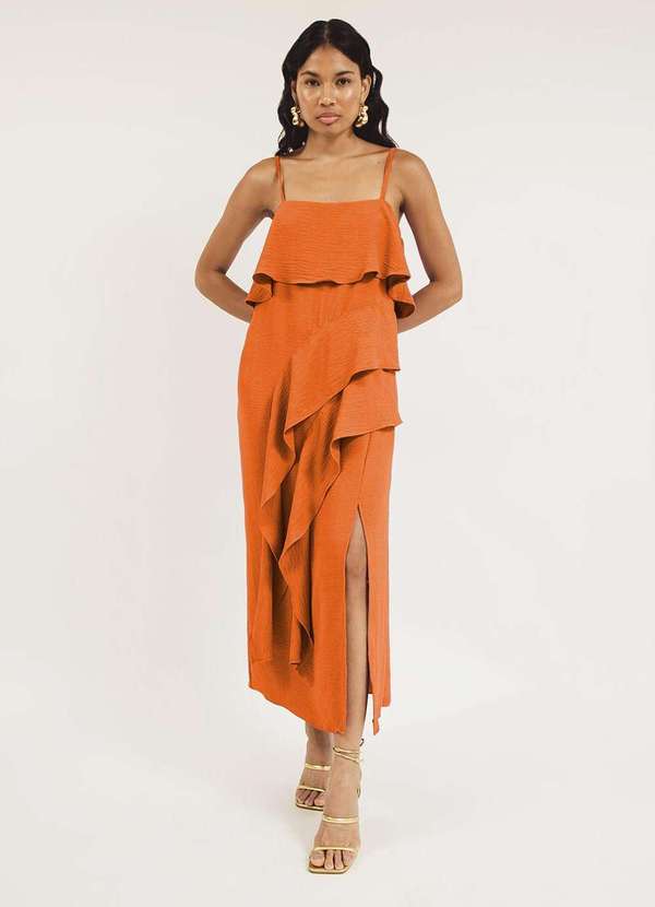 Zinco - Vestido Zinco Midi Decote Reto com Babado Laranja Laranja