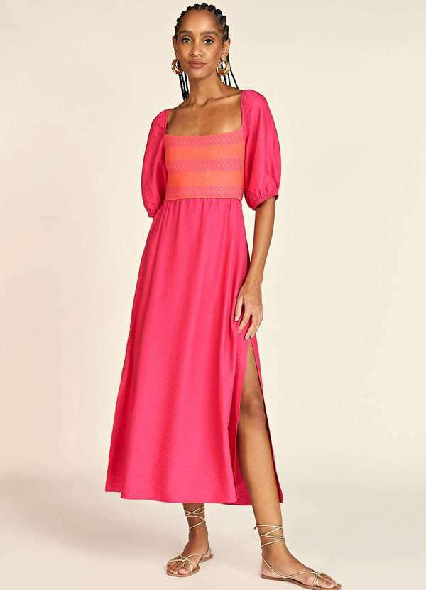 Zinco - Vestido Zinco Midi Decote Reto Detalhe Tricô Pink Rosa