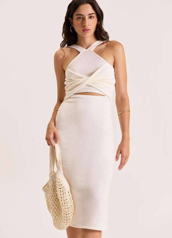 Zinco - Vestido Zinco Midi Decote V Torção Frente Off White Branco