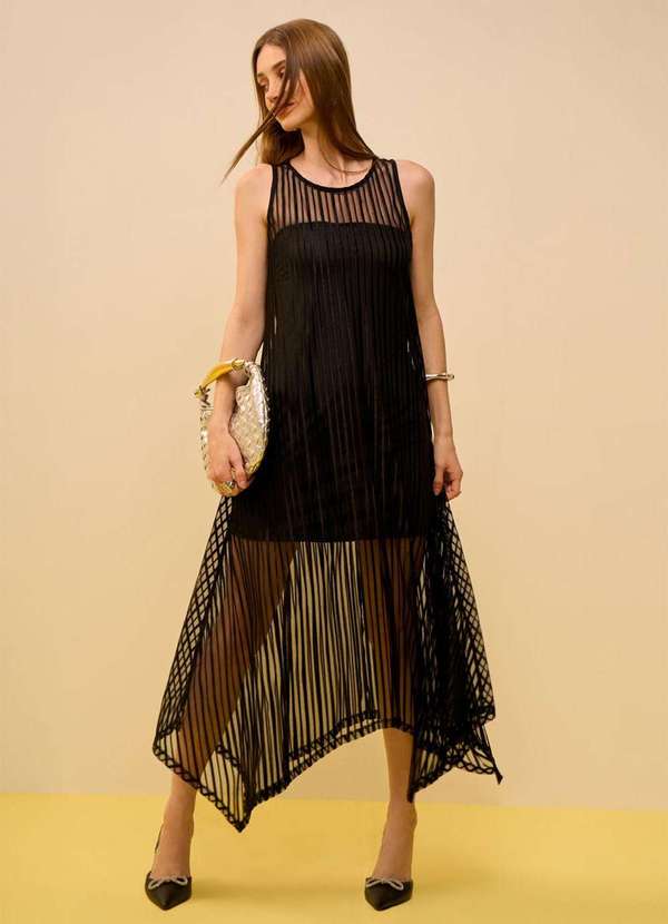 Zinco - Vestido Zinco Solto Decote Careca sem Manga Midi Preto Preto