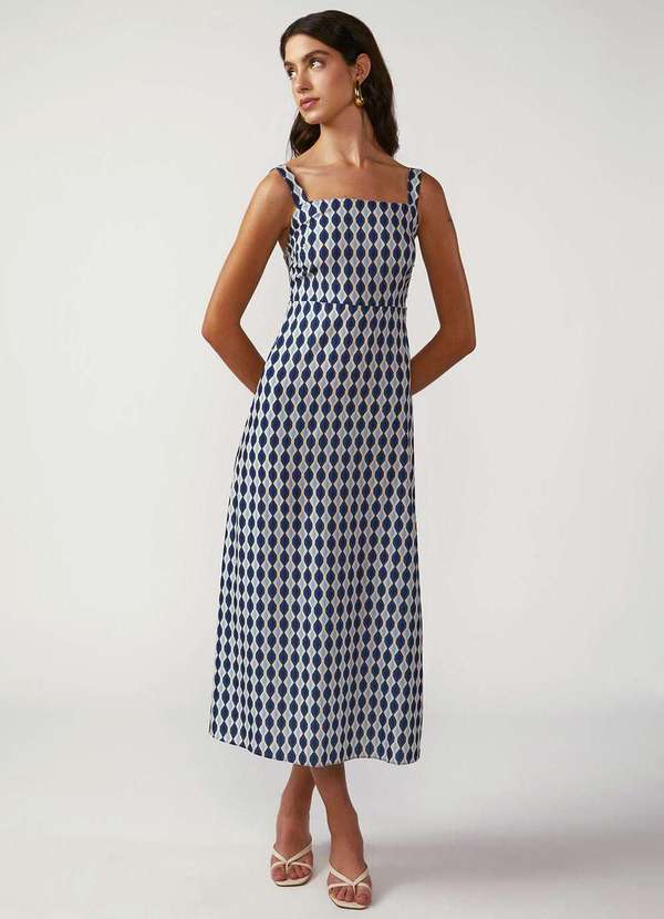 Zinco - Vestido Zinco Solto Decote Reto com Alça Midi Azul Azul