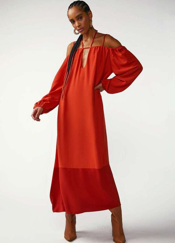 Zinco - Vestido Zinco Solto Decote Reto Manga Longa Midi Laranja Laranja