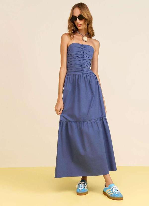 Zinco - Vestido Zinco Solto Decote Reto sem Manga Midi Azul Azul