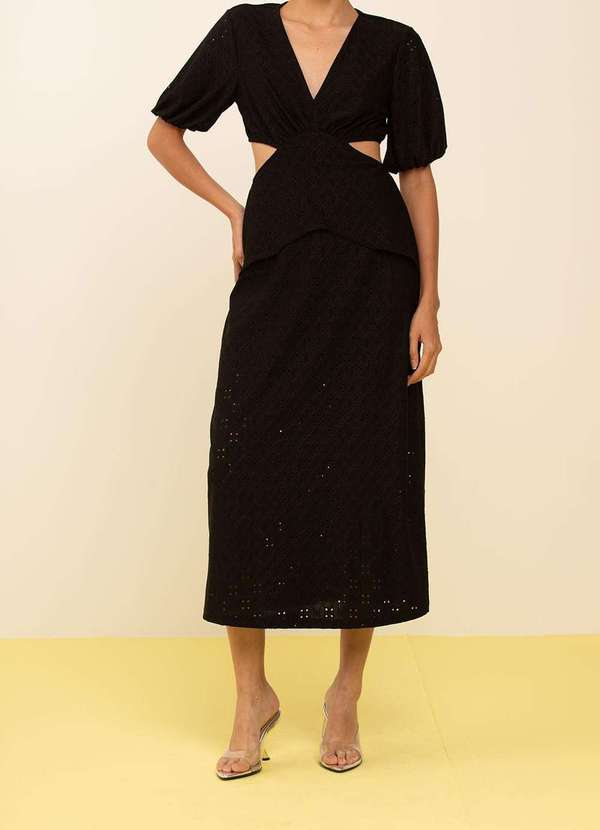 Zinco - Vestido Zinco Solto Decote V Manga 7 Oitavos Midi Preto Preto 2