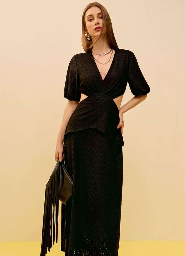 Zinco - Vestido Zinco Solto Decote V Manga 7 Oitavos Midi Preto Preto 4