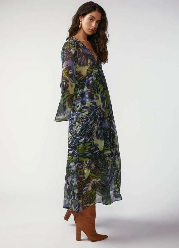 Zinco - Vestido Zinco Solto Decote V Manga Longa Longo Verde Verde