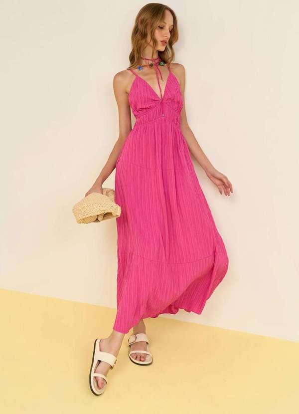 Zinco - Vestido Zinco Solto Decote V sem Manga Longo Rosa Rosa