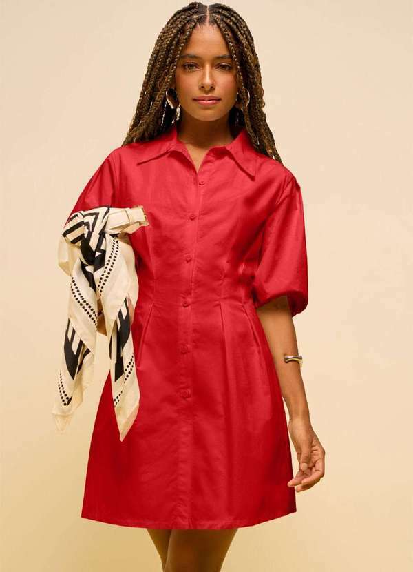 Zinco - Vestido Zinco Solto Gola Clássica Manga 3 Quartos Curto Vermelho Vermelho
