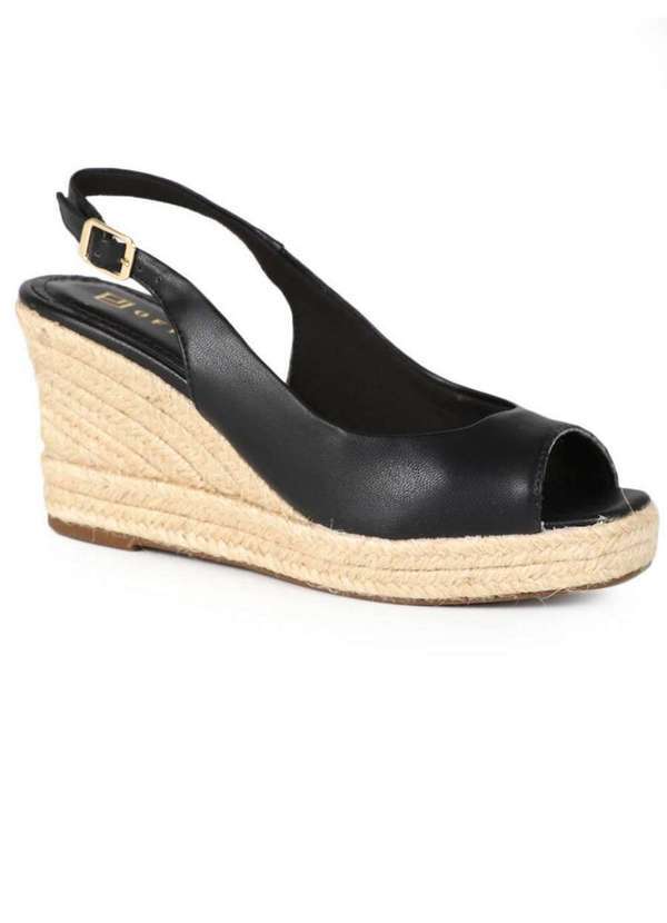 Off Line - Sandália Anabela Feminina Offline Espadrille Bico Quadrado Preto