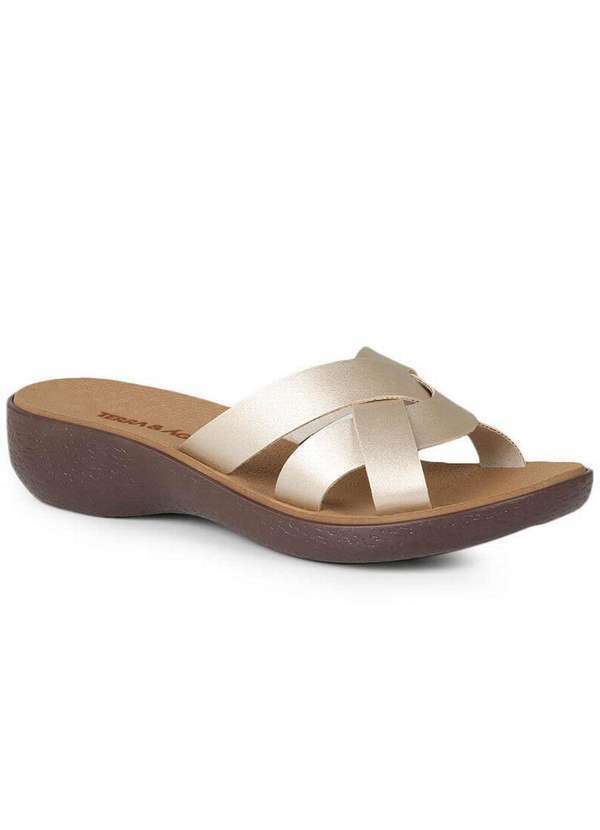 Terra & Agua - Tamanco Anabela Feminino Terra e Água Tiras Entrelaçadas Dourado