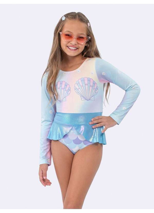Veggi - Maiô Infantil Sereia com Babados na Azul