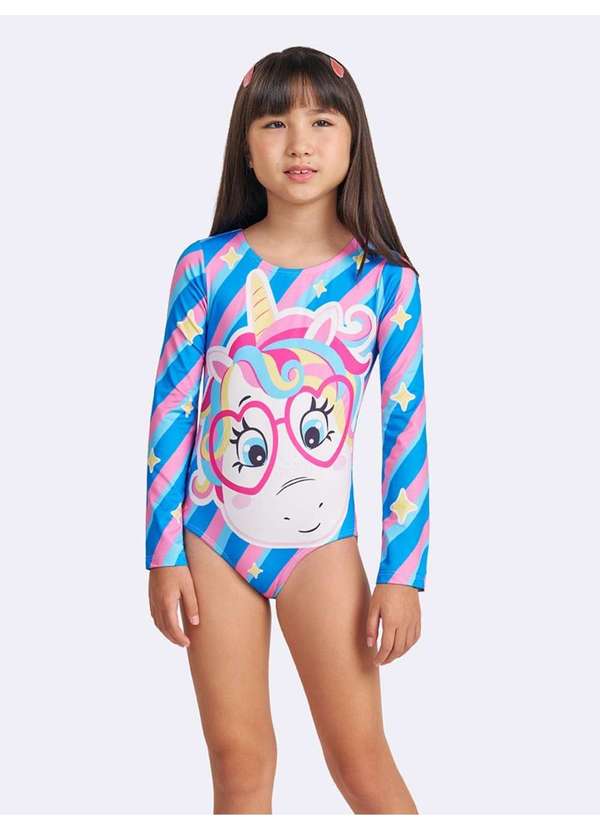 Veggi - Maiô Manga Longa Uv Unicórnio Magic Stickers Azul