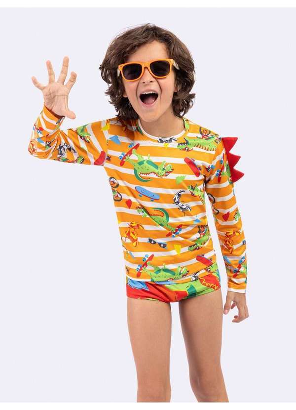 Veggi - Blusa Manga Longa Dinossauros com P Laranja