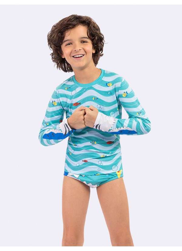 Veggi - Blusa Manga Longa Fundo do Mar com Verde