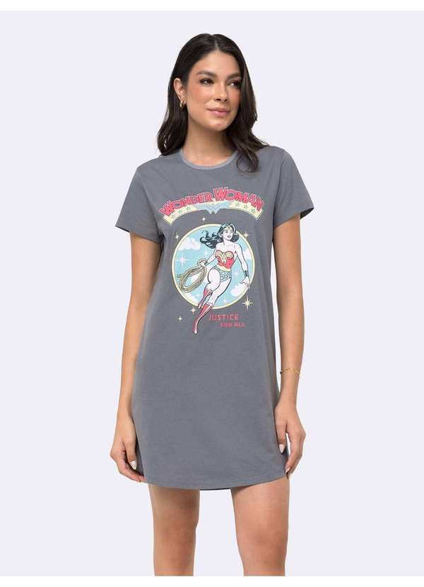 Veggi - Camisola Manga Curta Mulher-Maravilha em Malha Penteada Cinza