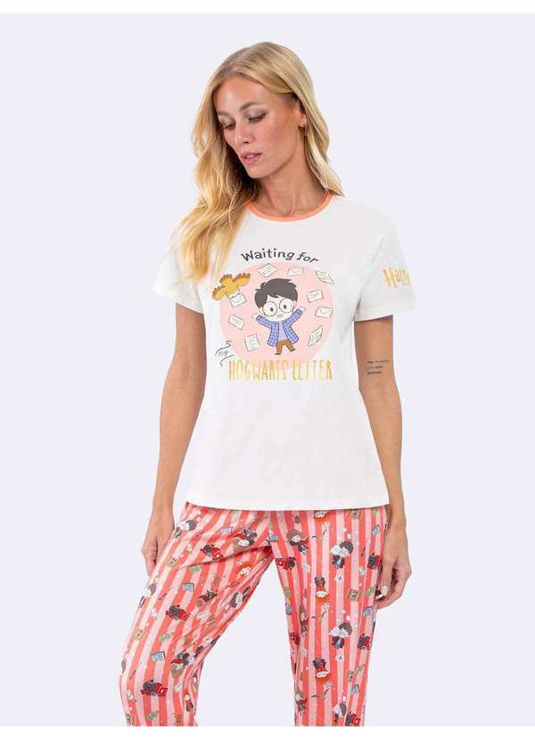 Veggi - Pijama Manga Curta com Calça Hogwarts Letter Bege