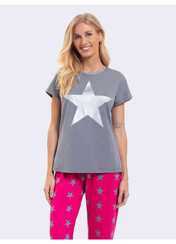 Veggi - Pijama Manga Curta com Calça Stars Cinza