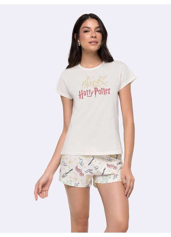 Veggi - Pijama Manga Curta Feminino Harry Potter com Estampa Metalizada Bege