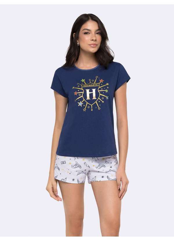 Veggi - Pijama Manga Curta Feminino Hogwarts com Estampa em Foil Azul