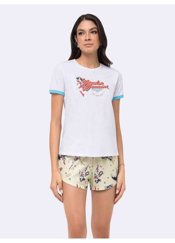 Veggi - Pijama Manga Curta Feminino Mulher-Maravilha Branco