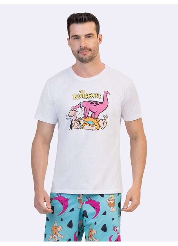 Veggi - Pijama Manga Curta Masculino Flintstones Yabba Dabba Doo Branco