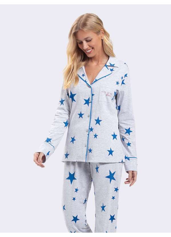 Veggi - Pijama Manga Longa Aberto Americano Shine Like a Star Cinza