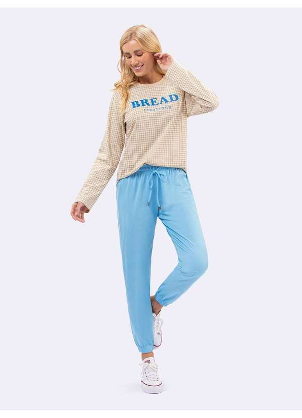Veggi - Pijama Manga Longa c/ Calça Jogger Coffee Break Bege